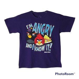 Angry Birds I'M ANGRY AND I KNOW IT! Graphic Purple T-Shirt Top Size Medium Kids